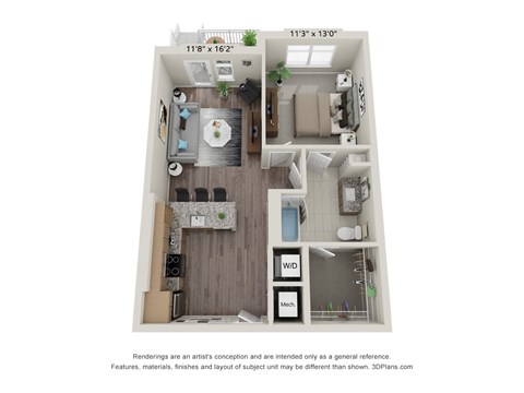 A 3D floor plan of a small apartment with a kitchen, living room, and bathroom.